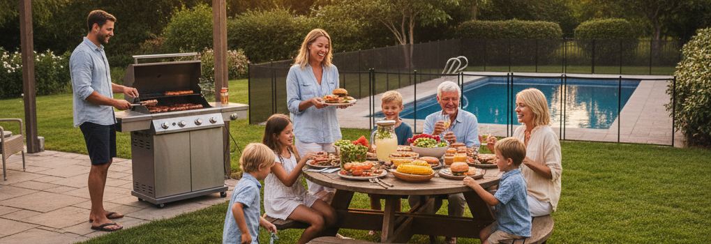 Happy family relaxing in their backyard together
